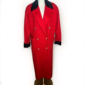 Vtg Christian Dior Red Wool Double Breasted Coat Gold Buttons Velvet Accents 80s